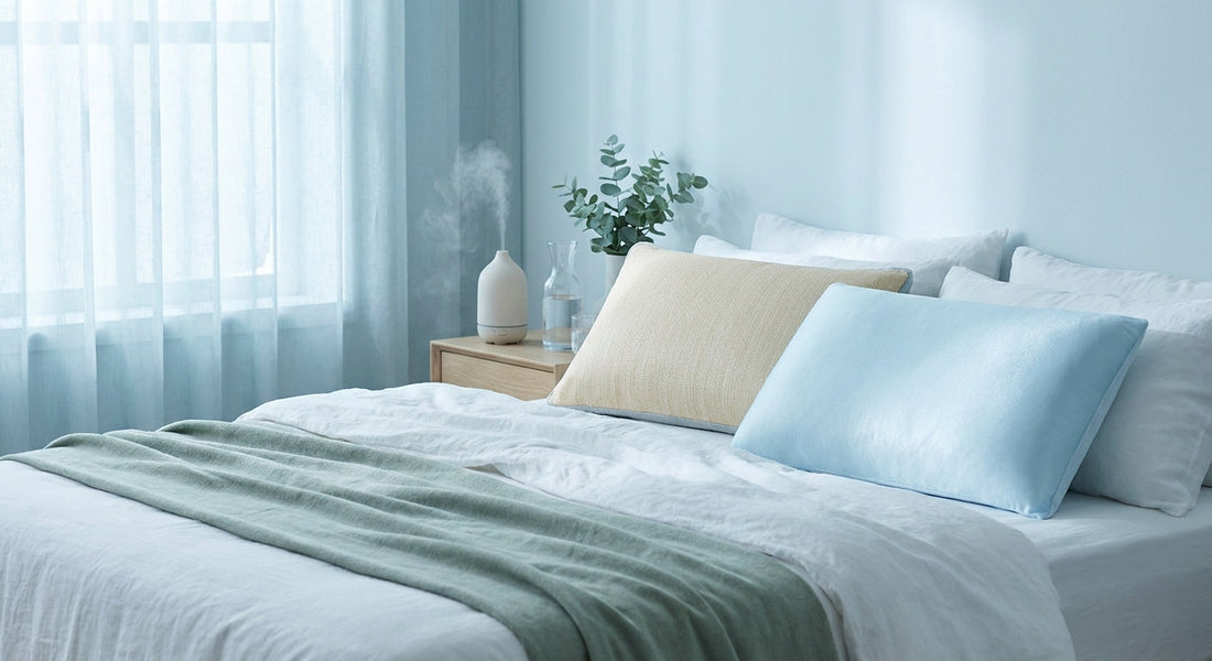 Two premium pillows resting side by side on a neatly made white bed in a softly lit, serene bedroom, evoking cooling comfort and ergonomic sleep wellness.