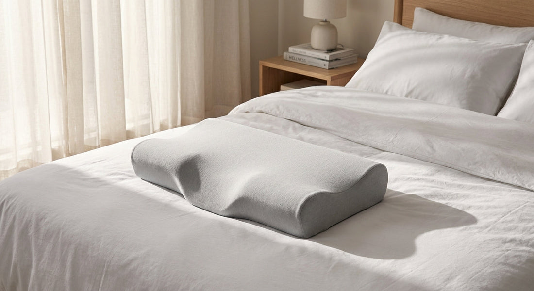 A contoured ergonomic cervical memory foam pillow resting on a neatly made bed bathed in soft morning light, suggesting restful sleep and spinal wellness.