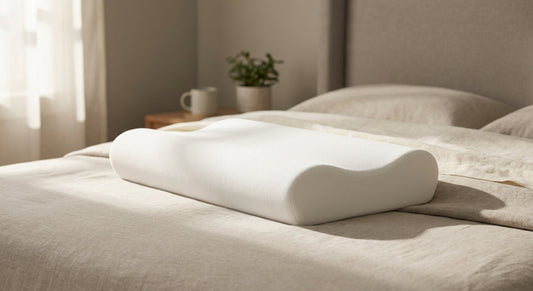 A side-angle view of a contoured ergonomic pillow on a neatly made bed bathed in soft morning light, emphasizing its supportive loft and premium sleep environment.