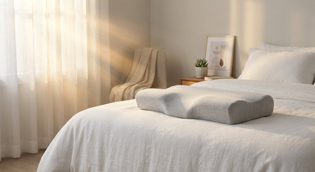 An ergonomic memory foam pillow resting on neatly arranged white bedding in a softly lit, serene bedroom with warm morning light.