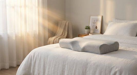 An ergonomic memory foam pillow resting on neatly arranged white bedding in a softly lit, serene bedroom with warm morning light.