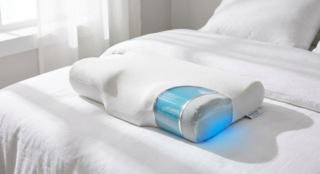 An ergonomic gel memory foam contour pillow on white bedding, bathed in cool blue-toned morning light that highlights its cervical support shape.