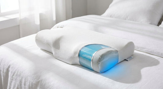An ergonomic gel memory foam contour pillow on white bedding, bathed in cool blue-toned morning light that highlights its cervical support shape.