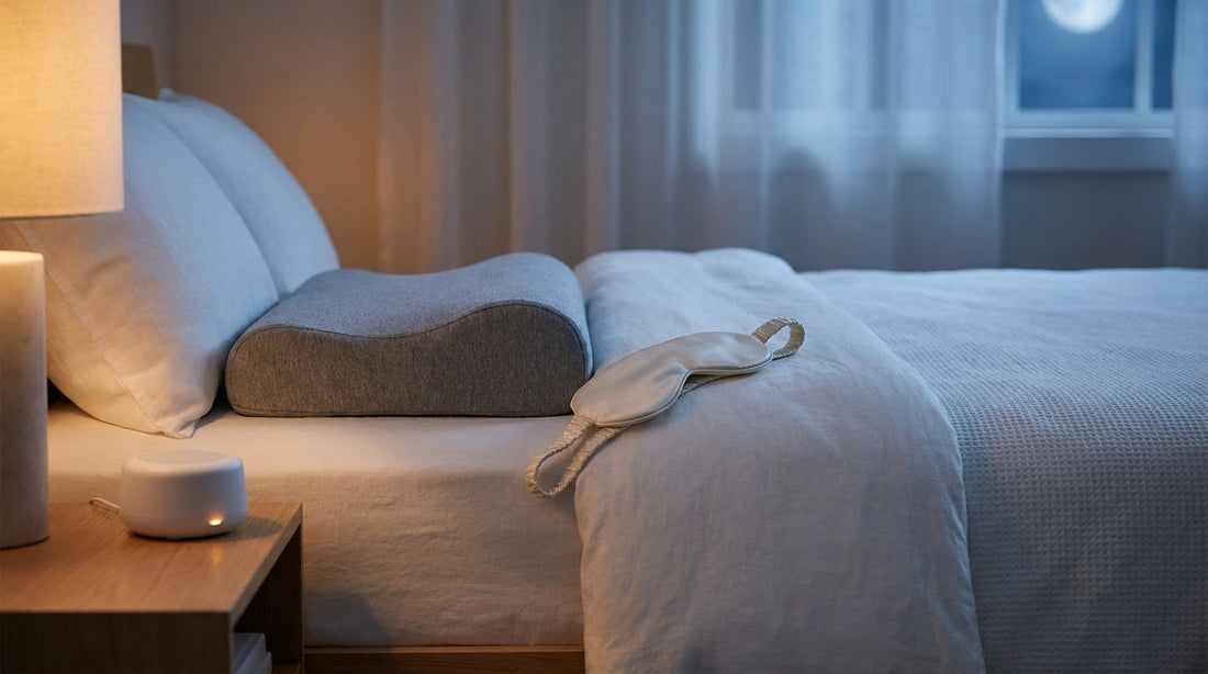 A peaceful, softly lit bedroom at night featuring a cervical pillow, sleep eye mask, and white noise machine arranged on a neatly made bed and nightstand, evoking a restorative pain-relief sleep setup.