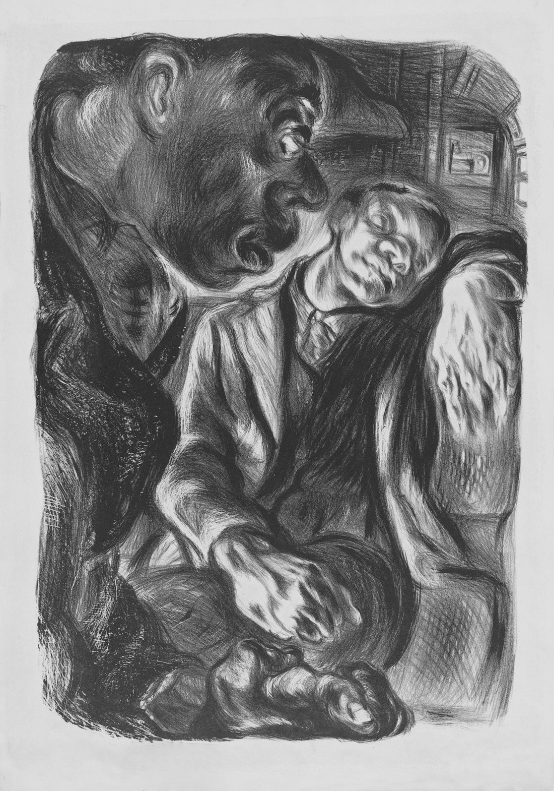 Man sleeping while a large, menacing figure looms over him.
