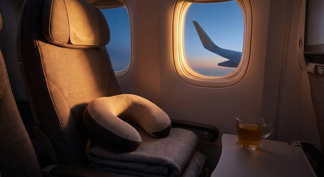 A memory foam travel pillow resting on an airplane window seat bathed in warm golden light, suggesting comfort and cervical spine support during long-haul travel.