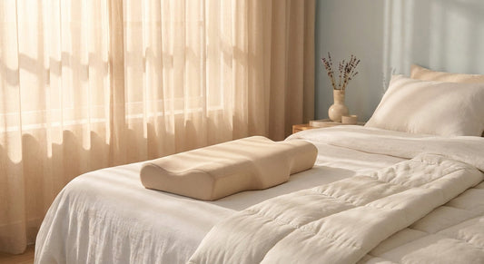 A serene dawn-lit bedroom with warm golden light illuminating a contoured ergonomic memory foam pillow resting on crisp white bedding.
