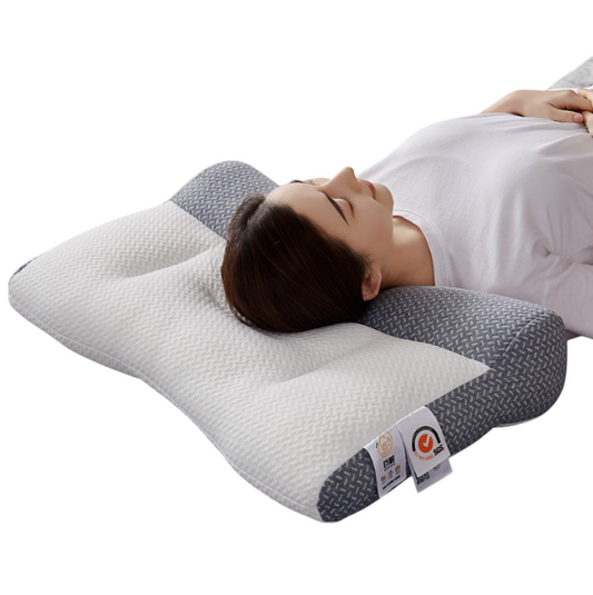 Comfortable memory foam pillow in gray and white, designed for optimal neck support and restful sleep.
