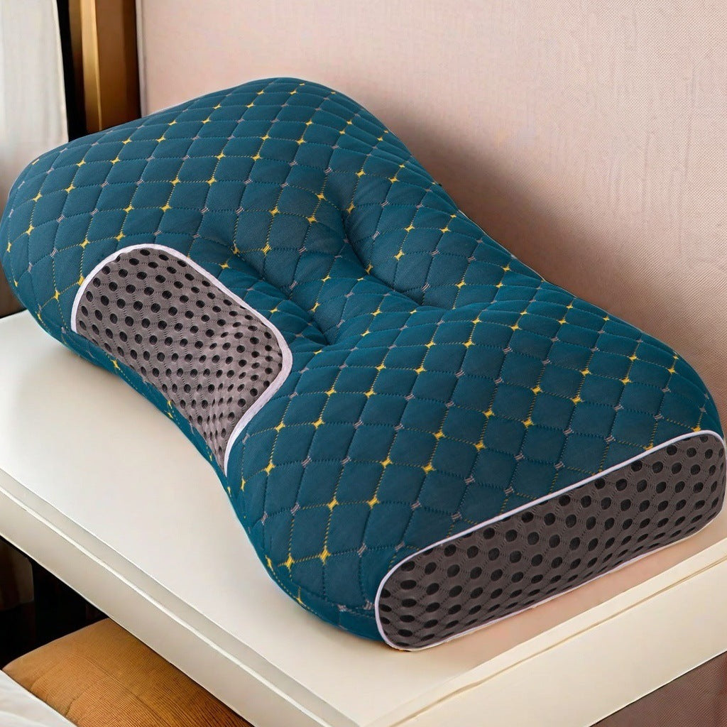 Teal ergonomic pillow with quilted design and breathable grey mesh sides for optimal comfort and support.