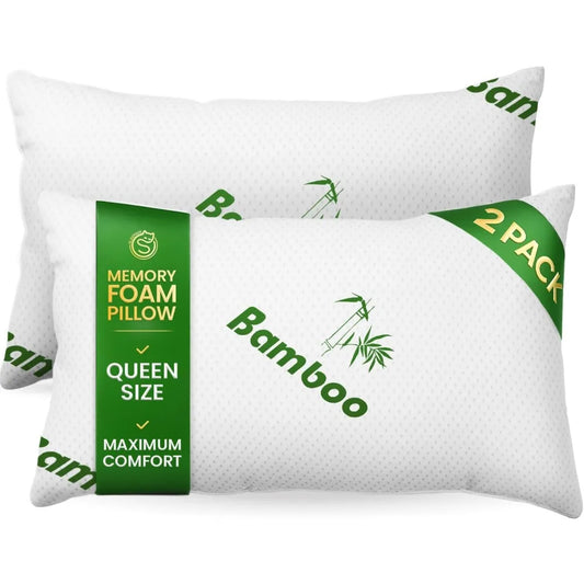 Queen Size Cooling Memory Foam Pillows Set of 2 - Shredded Foam for All Sleepers, Breathable Bamboo Rayon Cover