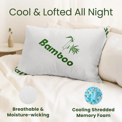 Queen Size Cooling Memory Foam Pillows Set of 2 - Shredded Foam for All Sleepers, Breathable Bamboo Rayon Cover